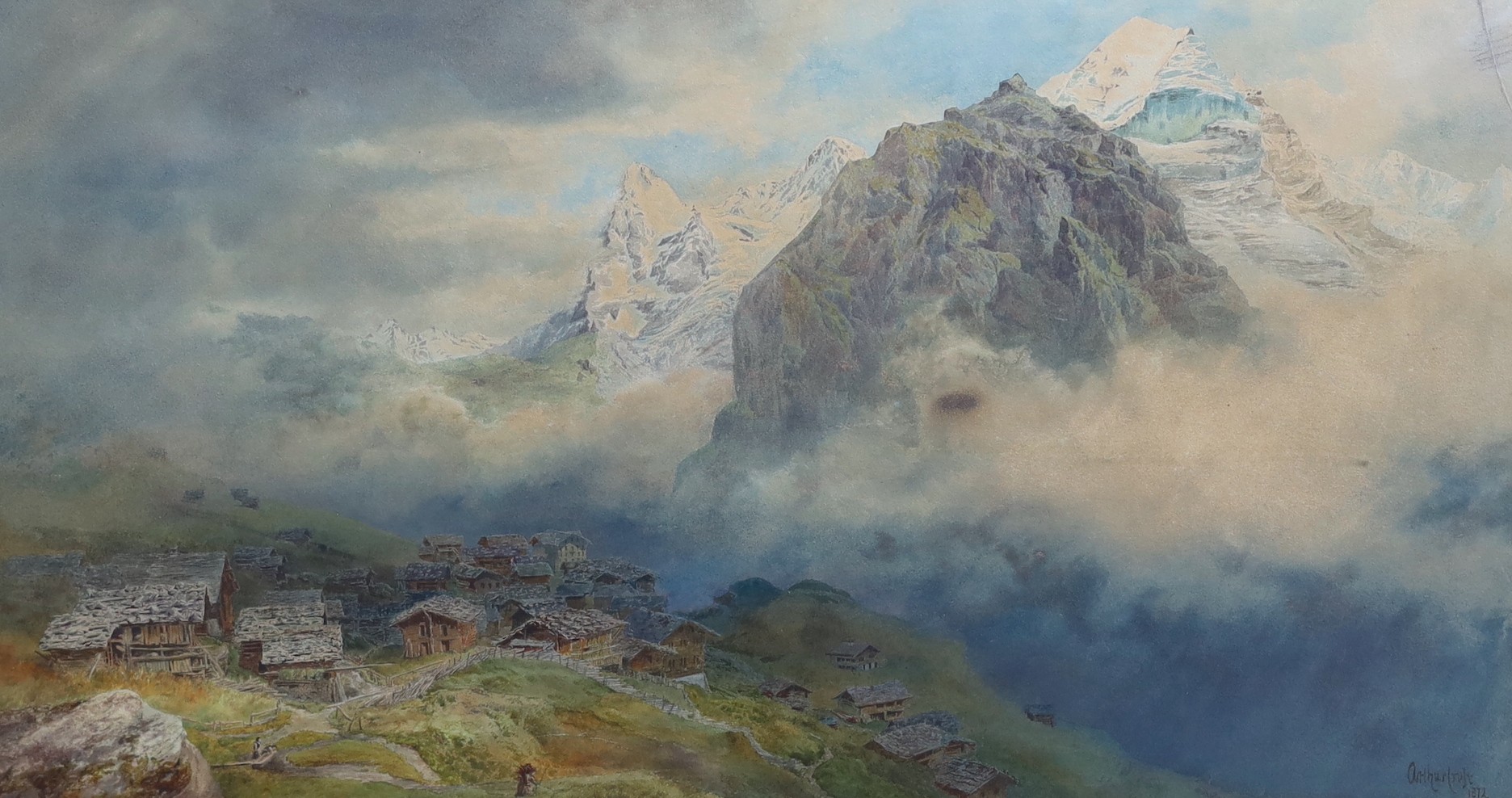 Arthur Croft (1828-1893), The Eiger and Jungfrau from Murren, watercolour, 38 x 69cm